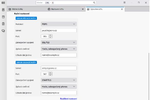 Nastavení POP3 nebo IMAP